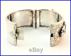 C1880, ANTIQUE 19thC VICTORIAN HM SOLID SILVER WIDE CUFF HINGED BUCKLE BANGLE