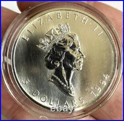 Canada 1994 1oz Solid 999 Silver Maple Coin Mint in Capsule