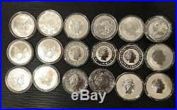 Collection Of 18 Solid Silver 1 oz Coins Eagles, Luna, Kualas, etc