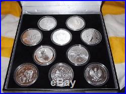 Collection of 10 Solid silver bullion coins with cases and display box
