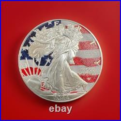 Colorized Liberty $1 Coin Surrounded By 1 Oz Silver Square. 2oz Silver Total