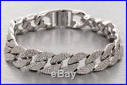 Custom Solid Cuban Link Lab Simulated Diamond Mens Bracelet. 925 Silver