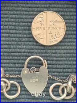Empty Vintage Hmk'd Solid Silver Charm Bracelet +Heart Padlock+ safety chain 30g