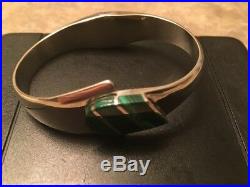 Exquisite Large Solid Sterling Silver Cuff Bracelet With Malachite Inlay Signed