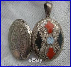 FINEST Large Antique VICTORIAN Solid SILVER Scottish AGATE Inlaid Pendant Locket
