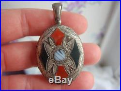 FINEST Large Antique VICTORIAN Solid SILVER Scottish AGATE Inlaid Pendant Locket