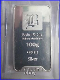 FIVE Baird 9999 Solid Silver 100g 100gram Bars Guaranteed with Certificates
