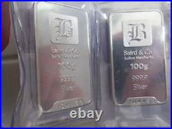 FIVE Baird 9999 Solid Silver 100g 100gram Bars Guaranteed with Certificates