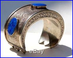 Fabulous Vintage Turkish / Turkmen Solid Silver & Lapis Lazuli Cuff Bangle