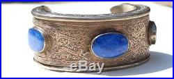 Fabulous Vintage Turkish / Turkmen Solid Silver & Lapis Lazuli Cuff Bangle