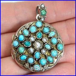 Fine AUSTRO HUNGARIAN Solid Silver DOUBLE SIDED Turquoise, Pearl & Garnet LOCKET