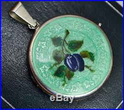 Fine Antique SOLID SILVER Mint Green Guilloche Enamel PLUMS & Ivy Leaves LOCKET