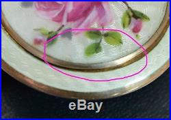 Fine Antique SOLID SILVER Mint Guilloche Enamel Roses MIRRORED COMPACT Locket