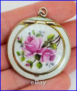 Fine Antique SOLID SILVER Mint Guilloche Enamel Roses MIRRORED COMPACT Locket