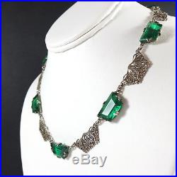 Fine Antique Solid Silver Emerald Paste Open Back Fancy Panel Choker Necklace