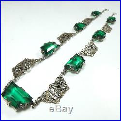 Fine Antique Solid Silver Emerald Paste Open Back Fancy Panel Choker Necklace