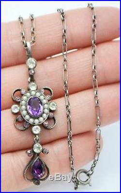 Fine Victorian SOLID SILVER, Purple & Pink PASTE & Seed Pearl LAVALIER NECKLACE