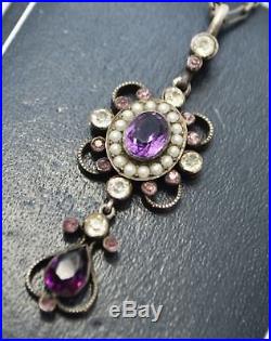Fine Victorian SOLID SILVER, Purple & Pink PASTE & Seed Pearl LAVALIER NECKLACE