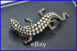 Fine Victorian SOLID SILVER & Seed Pearl LIZARD Brooch with Ruby Eyes Quality