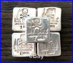 Five (5) (1 Ounce)MK BARZ SKULL SQUARE. 999 Fine Silver POURED Bars
