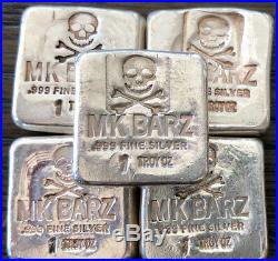 Five (5) (1 Ounce)MK BARZ SKULL SQUARE. 999 Fine Silver POURED Bars