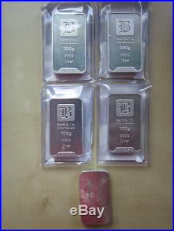 Five x 100gram Solid Silver Bullion Bars Baird and Metalor + Certificates