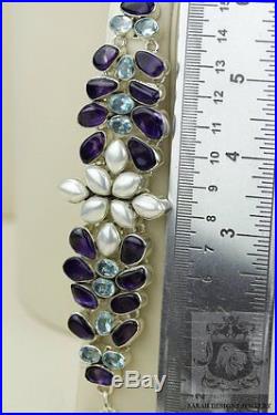 Freshwater Pearl Aquamarine Amethyst 925 Solid Silver Bracelet