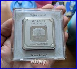 Geiger 100g Silver Bar Square. 999 Sealed Security Line