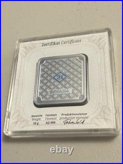 Geiger 50 Gram Silver Square Bar. 999 Fine Silver Sealed In Assay