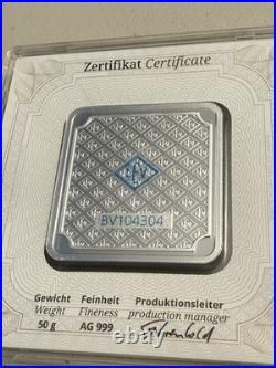 Geiger 50 Gram Silver Square Bar. 999 Fine Silver Sealed In Assay
