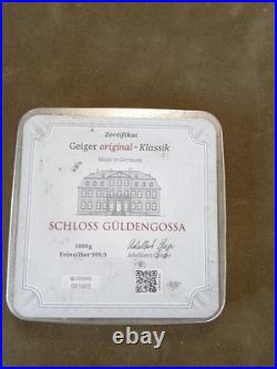 Geiger Edelmetalle 1000 gram Silver Bar Original Series Square Cast COA On Back