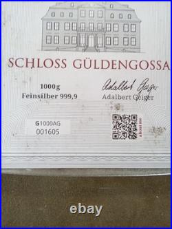 Geiger Edelmetalle 1000 gram Silver Bar Original Series Square Cast COA On Back