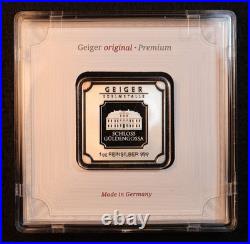Geiger Edelmetalle 1 Oz. Silver Bar In Square Assay, Premium German Silver