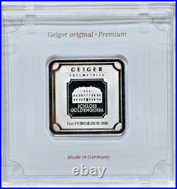 Geiger Edelmetalle 1 oz 999 Silver Square Bar Schloss Guldengossa Castle Sealed