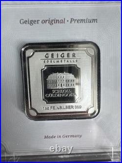 Geiger Edelmetalle 1oz 999 Silver Square Bar In Sealed Plastic Assay Serialized