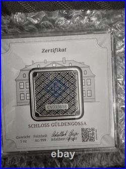 Geiger Edelmetalle 1oz 999 Silver Square Bar Schloss Güldengossa in Assay Card