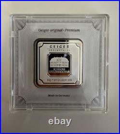 Geiger Edelmetalle 50g Fine Silver. 999 Square Bar with Plastic Assay Capsule