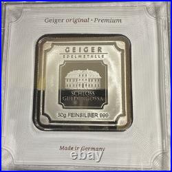 Geiger Edelmetalle 50g Fine Silver Square Bar with Plastic Assay Capsule Sealed