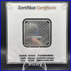 Geiger Edelmetalle Premium Square 10 Oz. 999 Fine Silver Bar Custom Slabbed Rare