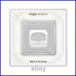 Geiger Original square 100 grams. 999 fine silver bar in assay