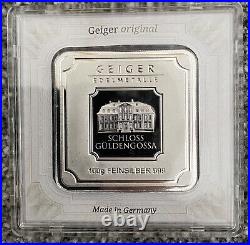 Geiger Original square 100 grams. 999 fine silver bar in assay