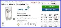 Genuine 5 Kilo 999 Umicore Solid Silver Bullion Bar