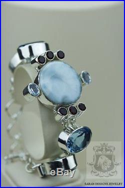 Genuine Caribbean Larimar Blue Topaz Garnet 925 Solid Silver Bracelet