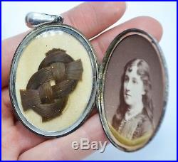 HUGE Antique SOLID SILVER Engraved IVY LEAVES Locket Pendant Photo & Hairwork