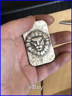 Hand poured. 999fs Pure Solid Silver Bullion Lion Bar Hammered 4ozt