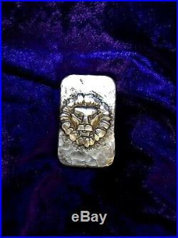 Hand poured. 999fs Pure Solid Silver Bullion Lion Bar Hammered 4ozt