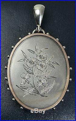 LARGE Antique SOLID SILVER & ROSE GOLD Unusual Victorian FLOWERS Photo LOCKET