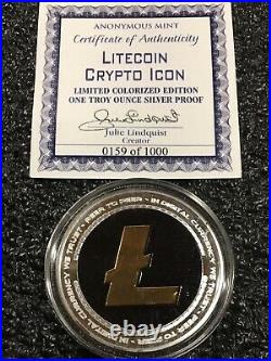 LITECOIN CRYPTO ICON 1 oz 999 Solid Silver Proof Colorized Coin COA 0159 of 1000