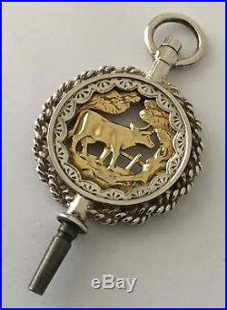 Large Antique Swiss solid silver and gold pocket watch key