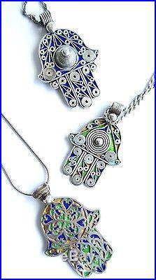 Lot Of 3 Assorted Solid Silver Enameled Berber Hamsa Necklaces
